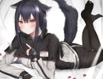  absurdres animal_ears arknights black_hair black_legwear heart heart-shaped_pupils highres huge_filesize long_hair lying mo_(mainiti_omoti) name_tag on_stomach pantyhose simple_background symbol-shaped_pupils tail tail_raised texas_(arknights) yellow_eyes 