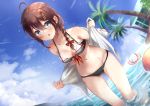  1girl adapted_costume ahoge blue_eyes blue_sky braid breasts brown_hair clouds commentary_request cowboy_shot day dutch_angle enemy_lifebuoy_(kantai_collection) hair_flaps hair_over_shoulder jacket kantai_collection long_hair mashiro_aa navel outdoors palm_tree remodel_(kantai_collection) shigure_(kantai_collection) shinkaisei-kan single_braid sky small_breasts soaking_feet solo tree water white_jacket 