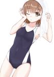  1girl 3535mb black_swimsuit breasts brown_eyes brown_hair collarbone commentary_request competition_swimsuit dutch_angle looking_at_viewer misaka_mikoto one-piece_swimsuit one_eye_closed short_hair simple_background small_breasts solo swimsuit to_aru_kagaku_no_railgun to_aru_majutsu_no_index towel towel_on_head white_background white_towel 