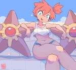  1girl artist_name bangs bare_shoulders blue_eyes blue_shorts blue_sky blush breasts clouds collarbone commentary crossed_legs day drooling english_commentary eyebrows_visible_through_hair gen_1_pokemon gym_leader hair_tie happy light_blush medium_breasts micro_shorts misty_(pokemon) navel no_bra open_mouth orange_hair outdoors partially_submerged pokemon pokemon_(creature) pokemon_(game) pokemon_lgpe pool shirt short_hair short_shorts shorts side_ponytail signature sitting sky smile solo_focus sparkle starmilk staryu stomach tank_top tied_hair under_boob water white_shirt 