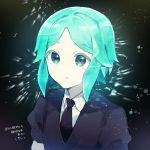  1other black_neckwear black_shirt blue_eyes blue_hair collared_shirt houseki_no_kuni ikeuchi_tanuma looking_at_viewer necktie no_nose parted_lips phosphophyllite puffy_short_sleeves puffy_sleeves shiny shiny_hair shirt short_sleeves signature solo sparkle upper_body white_shirt white_skin wing_collar 