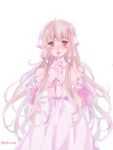  1girl artist_name bangs bare_shoulders blonde_hair blunt_bangs bow brown_eyes chii chobits dress finger_to_chin frilled_sleeves frills hair_tubes highres index_finger_raised lips long_hair looking_at_viewer mirwae no_pupils pink_bow pink_dress pink_ribbon platinum_blonde_hair puckered_lips ribbon robot_ears solo strapless strapless_dress very_long_hair white_background white_dress wide_sleeves 