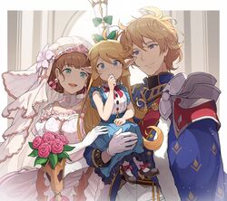  1boy 2girls aqua_eyes blonde_hair blue_eyes breasts bridal_veil bride brown_hair charlotta_fenia dress fantasy gloves granblue_fantasy harvin hinami_(hinatamizu) juliet_(granblue_fantasy) long_hair medium_breasts multiple_girls romeo_(granblue_fantasy) short_hair veil very_long_hair violet_eyes wedding_dress white_gloves 