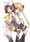  2girls arm_warmers back-to-back blonde_hair bow brown_hair cosplay detached_sleeves hair_bow headphones headset highres kagamine_len kagamine_len_(cosplay) kagamine_rin kagamine_rin_(cosplay) kill_me_baby leg_warmers locked_arms long_hair midriff midriff_peek multiple_girls neckerchief necktie open_mouth oribe_yasuna sailor_collar short_hair shorts sonya_(kill_me_baby) twintails violet_eyes vocaloid white_background white_bow yellow_neckwear 
