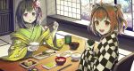  2girls :d ahoge bell black_hair blush bow bowl breakfast brown_eyes brown_hair chair checkered chopsticks commentary_request cup fish floral_print flower food green_kimono hair_bell hair_bow hair_flower hair_intakes hair_ornament hieda_no_akyuu highres holding holding_bowl holding_chopsticks holding_cup indoors japanese_clothes jchoy jingle_bell kimono long_sleeves looking_at_viewer looking_to_the_side motoori_kosuzu multiple_girls on_chair open_clothes open_mouth red_bow rice rice_bowl sitting smile table touhou touhou_lost_word upper_teeth violet_eyes white_flower wide_sleeves yunomi 