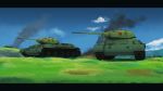  absurdres caterpillar_tracks clouds day emblem fire girls_und_panzer grass ground_vehicle highres hill huge_filesize military military_vehicle motor_vehicle no_humans persocon93 pravda_(emblem) sky smoke t-34 tank tree 