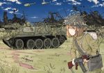  1girl 3boys aircraft ak-47 armored_vehicle assault_rifle bmp-1 brown_eyes brown_hair caterpillar_tracks clouds day explosion grass ground_vehicle gun helicopter machine_gun maz543 mi-14 military military_uniform military_vehicle motor_vehicle multiple_boys nationale_volksarmee original rifle short_hair sky soviet_army t-55 tank uniform weapon 