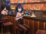  2girls alcohol animal_ears armband beer black_hair black_legwear black_leotard blue_eyes blue_hair blue_neckwear bottle bow bowtie bunny_girl bunny_tail bunnysuit cake chinese_commentary commentary_request counter cup detached_collar drinking_glass fake_animal_ears fervheart food glass highres honkai_(series) honkai_impact_3rd leotard multicolored_hair multiple_girls pantyhose rabbit_ears red_eyes redhead seele_(alter_ego) seele_vollerei shiny shiny_clothes sitting solo_focus stool strapless strapless_leotard tail two-tone_hair wine wine_glass wrist_cuffs 