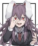  1girl animal_ears black_border black_jacket blazer border collared_shirt covering_one_eye crazy_eyes eyebrows_visible_through_hair fangs fangs_out hair_between_eyes hands_up highres hisha_(kan_moko) jacket light_purple_hair long_hair long_sleeves looking_at_viewer necktie open_mouth rabbit_ears red_eyes red_neckwear reisen_udongein_inaba shirt simple_background smile solo touhou upper_body white_background white_shirt 