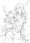  1girl antilous armor ass_visible_through_thighs bangs breasts center_opening chess_piece cowboy_shot elf english_text faulds gauntlets greyscale lineart long_hair looking_away looking_to_the_side medium_breasts medium_hair monochrome original pauldrons pointy_ears shoulder_armor simple_background solo sword sword_behind_back thigh-highs thigh_gap weapon 