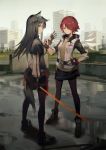  2girls animal_ear_fluff animal_ears arknights bangs black_capelet black_hair black_legwear brown_eyes capelet commentary energy_wings exusiai_(arknights) fingerless_gloves gloves hair_over_one_eye halo hand_on_hip holding holding_sword holding_weapon huanxiang_heitu id_card jacket long_hair long_sleeves looking_at_viewer looking_back multiple_girls open_clothes open_jacket pantyhose raglan_sleeves redhead short_hair smile standing sword symbol_commentary tail texas_(arknights) weapon white_jacket wolf_ears wolf_tail 