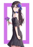  1girl black_dress black_hair black_sleeves blue_flower blush breasts closed_mouth cowboy_shot detached_sleeves dress flower from_side hair_flower hair_ornament holding holding_flower kokose long_hair looking_at_viewer original purple_flower purple_rose rose shiny shiny_hair short_dress short_sleeves sleeveless sleeveless_dress small_breasts solo standing straight_hair strapless strapless_dress very_long_hair violet_eyes white_background 