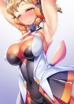 1girl armpits arms_up bodysuit breasts brown_hair closed_mouth covered_nipples hair_ornament hairclip headgear highres impossible_bodysuit impossible_clothes katourennyu large_breasts looking_at_viewer orange_bodysuit orange_eyes senki_zesshou_symphogear shiny shiny_clothes shiny_hair shiny_skin short_hair skin_tight sleeveless smile solo standing tachibana_hibiki_(symphogear) 