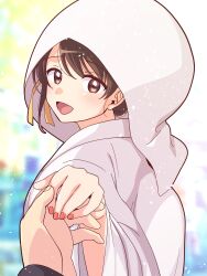  1boy 1girl :d alternate_costume bride brown_eyes brown_hair commentary_request hair_ribbon highres japanese_clothes kimono looking_at_viewer open_mouth pov pov_hands red_nails ribbon smile suzumiya_haruhi suzumiya_haruhi_no_yuuutsu taiki_(6240taiki) white_kimono wide_sleeves yellow_ribbon 