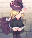  1girl all_fours arm_support arm_up ass ass_focus back backless_dress backless_outfit black_dress black_legwear blonde_hair bow brick_floor cape commentary_request dress facing_away from_above from_behind gloves hand_on_headwear hat highres holding holding_clothes holding_hat little_witch_nobeta long_hair maki_(natoriumu) nobeta purple_cape purple_headwear solo thigh-highs thighs very_long_hair white_gloves witch_hat 