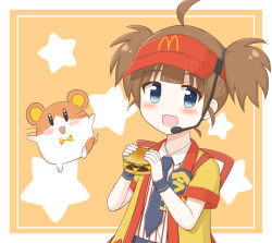  1girl ahoge blue_eyes brown_hair burger collared_shirt commentary_request double_cheese_(mcdonald's) food hamster headset highres holding holding_burger holding_food looking_at_viewer mcdonald's necktie open_mouth shirt short_sleeves smile solo star_(symbol) striped_clothes striped_shirt tasuki tie_clip twintails vertical-striped_clothes vertical-striped_shirt visor_cap w_quokka wristband 
