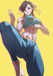  1girl abs absurdres barefoot black_eyes breasts brown_hair chun-li highres jin_rou leg_up looking_down medium_breasts muscle muscular_female solo street_fighter yellow_background 
