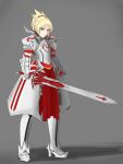  1girl armor armored_dress blonde_hair clarent fate/apocrypha fate_(series) from_side green_eyes grey_background highres looking_at_viewer mordred_(fate) mordred_(fate)_(all) naliliko ponytail red_scrunchie scrunchie smile solo sword weapon 