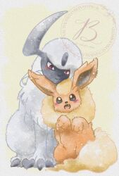  absol baya_(sakura_mint) blush bright_pupils closed_mouth fang flareon forehead_jewel highres horns no_humans pink_eyes pokemon pokemon_(creature) single_horn sitting smile solo white_pupils 