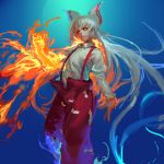 1girl absurdly_long_hair baggy_pants bangs blue_background blue_fire bow burning clenched_hand collared_shirt feet_out_of_frame fire flame flaming_hand floating_hair fujiwara_no_mokou glowing glowing_eyes hair_bow hand_up inishie_kumo juliet_sleeves lips long_hair long_sleeves pants parted_lips puffy_sleeves red_bow red_eyes red_pants shirt sidelocks silver_hair solo suspenders touhou two-tone_bow very_long_hair white_bow white_hair white_shirt wing_collar 