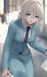  1girl an-94_(girls_frontline) aqua_eyes bangs belt blue_jacket blue_neckwear blue_pants blue_suit blurry blurry_background collared_shirt eyebrows_visible_through_hair formal girls_frontline glasses indoors jacket pants paper parted_lips picking_up platinum_blonde_hair shirt sidelocks squatting suit urano_ura white_shirt 