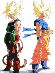  2boys bardock black_bodysuit blonde_hair blue_shirt bodysuit brown_tail dougi dragon_ball dragon_ball_z father_and_son from_side full_body green_eyes highres male_focus medium_hair monkey_tail multiple_boys muscular muscular_male orange_pants orange_shirt pants pato007711 profile saiyan_armor shirt simple_background son_goku spiky_hair super_saiyan super_saiyan_1 tail torn_bodysuit torn_clothes torn_pants torn_shirt trait_connection white_background 