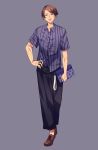  1boy bag brown_footwear brown_hair full_body grey_background grey_eyes gyaruo hand_on_hip handbag highres looking_at_viewer male_focus ronmeru shirt short_sleeves standing striped striped_shirt tongue tongue_out vertical-striped_shirt vertical_stripes 