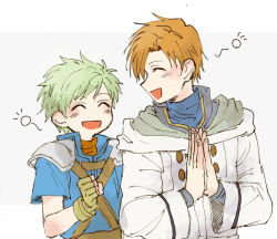  2boys clenched_hand closed_eyes commentary_request fingerless_gloves fire_emblem fire_emblem:_path_of_radiance gloves green_hair hood hood_down hooded_robe male_focus multiple_boys nmnm_bbb open_mouth orange_hair own_hands_together rhys_(fire_emblem) robe rolf_(fire_emblem) short_hair simple_background smile upper_body white_background 