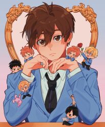  1girl 6+boys androgynous badge black_eyes black_hair black_necktie black_pants blazer blonde_hair blue_eyes brothers brown_eyes brown_hair closed_mouth computer english_commentary everyone expressionless flower fujioka_haruhi glasses haninozuka_mitsukuni highres hitachiin_hikaru hitachiin_kaoru holding holding_flower holding_laptop holding_stuffed_toy jacket kneeling laptop looking_at_viewer mini_person miniboy morinozuka_takashi multiple_boys necktie ootori_kyouya open_mouth orange_hair ouran_high_school_host_club ouran_high_school_uniform pants red_flower red_rose rose school_uniform short_hair siblings sitting solo_focus stuffed_animal stuffed_rabbit stuffed_toy suou_tamaki table teeth tomboy ttasarayu twins upper_teeth_only 