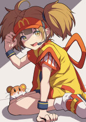  1girl :d animal arm_up black_necktie black_shorts brown_eyes brown_hair commentary_request creek_(moon-sky) double_cheese_(mcdonald's) from_side grey_background hand_on_headwear hat headset highres jacket looking_at_viewer mcdonald's necktie open_clothes open_jacket red_footwear red_hat shirt shoes shorts smile socks solo striped_clothes striped_shirt twintails vertical-striped_clothes vertical-striped_shirt visor_cap white_socks yellow_jacket 