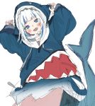 1girl arms_up bangs blue_eyes blue_hair blue_hoodie blunt_bangs blush commentary cowboy_shot eyebrows_visible_through_hair fangs gawr_gura highres hololive hololive_english idenshi_kumikae_(kabe_choron) long_sleeves looking_at_viewer multicolored_hair open_mouth shark_hood shark_tail sharp_teeth short_hair silver_hair simple_background sketch smile solo streaked_hair tail teeth two-tone_hair virtual_youtuber white_background