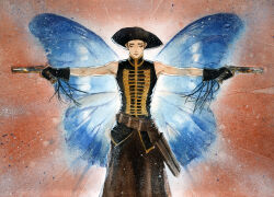  1boy belt black_gloves blue_wings butterfly_wings closed_eyes closed_mouth dual_wielding facing_viewer gloves gun handgun hat holding holding_gun holding_weapon insect_wings male_focus masked_bandit_(the_fall) painting_(medium) shirt sleeveless sleeveless_shirt solo the_fall traditional_media tricorne watercolor_(medium) weapon wings yoku_(liuyc) 