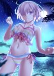  1girl bangs bare_shoulders bikini breasts fate/grand_order fate_(series) full_moon hair_over_one_eye large_breasts light_purple_hair looking_at_viewer mash_kyrielight mishiro_(ixtlolton) moon navel night night_sky ocean open_mouth rainbow_bikini sheer_clothes short_hair sky striped striped_bikini swimsuit swimsuit_of_perpetual_summer_ver.02 thighs violet_eyes 