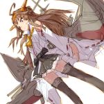  1girl ahoge alchera boots brown_hair detached_sleeves double_bun dutch_angle feet_out_of_frame grey_skirt hairband hakama_skirt headgear kantai_collection kongou_(kantai_collection) long_hair looking_to_the_side machinery popped_collar remodel_(kantai_collection) ribbon-trimmed_sleeves ribbon_trim simple_background skirt solo standing thigh-highs thigh_boots white_background 
