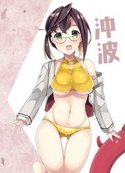  1girl akikaze_tsumuji alternate_breast_size bikini blue-framed_eyewear blush breasts character_name enemy_lifebuoy_(kantai_collection) eyebrows_visible_through_hair glasses green_eyes jacket kantai_collection large_breasts long_sleeves off_shoulder okinami_(kantai_collection) open_mouth polka_dot polka_dot_bikini purple_hair shinkaisei-kan short_hair simple_background solo swimsuit two-tone_background under_boob yellow_bikini 