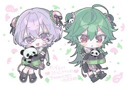  2boys ahoge animal black_boots black_bow blush_stickers boots bow braid braided_hair_rings bun_cover chibi chibi_only double_bun ensemble_stars! green_hair hair_between_eyes hair_bun hair_ornament hair_rings hanamura_fuyume hojo_raika holding holding_animal long_hair looking_at_viewer male_focus medium_hair multiple_boys open_mouth panda panda_hair_ornament red_eyes sleeves_past_fingers sleeves_past_wrists smile twin_braids two_side_up uta_(utamilk) violet_eyes xiangyun 