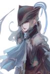  1girl blonde_hair bloodborne blue_eyes collar dress hat hat_feather highres itsuki_(itsukiovo) lady_maria_of_the_astral_clocktower one_eye_closed ponytail smile tricorne 