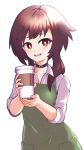  1girl alternate_costume apron barista bright_pupils coffee coffee_cup collared_shirt contemporary cup disposable_cup green_apron highres holding holding_cup kono_subarashii_sekai_ni_shukufuku_wo! looking_at_viewer megumin no_hat no_headwear red_eyes shirt short_hair short_hair_with_long_locks simple_background solo starbucks upper_body upper_teeth wannabepyx white_background white_pupils white_shirt 