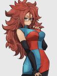  1girl android_21 black-framed_eyewear black_nails breasts checkered checkered_dress closed_mouth detached_sleeves dragon_ball dragon_ball_fighterz dress earrings glasses grey_background hair_between_eyes hoop_earrings jewelry kemachiku long_hair looking_at_viewer medium_breasts nail_polish redhead simple_background solo 