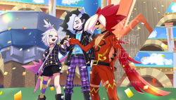  1girl 2boys :d ;d absurdres black_jacket black_shorts blue_eyes blue_shirt boots closed_eyes commentary_request confetti day highres jacket long_hair multicolored_hair multiple_boys official_alternate_costume one_eye_closed open_clothes open_jacket open_mouth outdoors pants piers_(pokemon) piers_(sygna_suit)_(pokemon) pokemon pokemon_masters_ex pokemon_sm purple_pants roxie_(pokemon) roxie_(sygna_suit)_(pokemon) runa_(luna_naut) ryuki_(pokemon) shirt shorts single_thighhigh smile standing teeth thigh-highs topknot two-tone_hair upper_teeth_only watermark 
