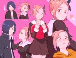  1boy 1girl black_dress blue_eyes blue_hair blush bow dress gakuran hair_bow hair_bun hair_over_one_eye hand_on_another&#039;s_cheek hand_on_another&#039;s_face heart ishigami_yuu jewelry kaguya-sama_wa_kokurasetai_~tensai-tachi_no_renai_zunousen~ koyasu_tsubame open_mouth petals pink_background pink_eyes redhead school_uniform shuuchiin_academy_uniform single_earring smile sparkle takeshi_(mononohu20) translation_request 