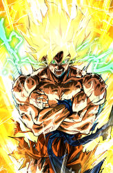  1boy anger_vein blonde_hair blue_sash blue_wristband collarbone commentary_request cowboy_shot crossed_arms dragon_ball dragon_ball_z electricity glowing glowing_eyes glowing_hair green_eyes green_lightning gunbuster_pose highres lightning long_hair male_focus muscular muscular_male nose open_mouth orange_pants pants parody pectorals sash scratches solo son_goku stynl_f super_saiyan super_saiyan_2 tengen_toppa_gurren_lagann topless_male torn_clothes torn_pants v-shaped_eyebrows veins veiny_arms veiny_face yellow_background 
