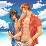  2boys abs adam&#039;s_apple arm_on_shoulder arm_rest arm_up au_ra bare_arms beach belt black_hair black_horns blue_shirt blue_sky brown_horns cellphone chest closed_eyes closed_mouth clouds collarbone collared_shirt commentary_request day dragon_horns eyewear_on_head fictional_persona final_fantasy final_fantasy_xiv gachako glasses hair_over_one_eye hand_up holding holding_eyewear holding_phone horizon horns laughing leaning_on_person male_focus multiple_boys muscle ocean open_clothes open_mouth open_shirt outdoors phone red_shirt redhead sand shirt short_hair short_sleeves sky smartphone smile stomach sunglasses upper_body water wing_collar 