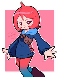  1girl absurdres arezu_(pokemon) blue_hoodie border brown_bag closed_mouth commentary cowlick dot_nose english_commentary flat_chest gradient_clothes gradient_legwear highres hood hood_down hoodie long_sleeves looking_at_viewer marikyuunn outline pantyhose petite pokemon pokemon_legends:_arceus red_background red_eyes red_pantyhose red_theme redhead short_hair simple_background smile solo two-tone_legwear white_border white_outline 