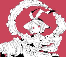  1girl closed_mouth frills hagoromo hat hat_ribbon highres looking_at_viewer massakasama monochrome nagae_iku red_eyes ribbon shawl short_hair smile solo spot_color touhou upper_body 