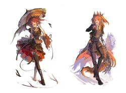  2girls a.i._voice adachi_rei animal animal_ears black_gloves black_hairband black_necktie black_pantyhose black_shorts black_thighhighs boots collared_shirt cross-laced_footwear dress drill_hair fangs flat_chest fox_ears frilled_dress frilled_hairband frills full_body garter_belt gloves hair_ribbon hairband highres holding holding_umbrella jacket kasane kasane_teto kasane_teto_(halloween) knee_boots lace-up_boots mao206327 mechanical_arms medium_dress multiple_girls necktie open_clothes open_jacket orange_eyes orange_hair pantyhose pumpkin radio_antenna red_eyes ribbon robot shirt shorts simple_background standing tail teeth thigh-highs tongue tongue_out twin_drills umbrella upper_teeth_only utau white_background white_ribbon wing_collar wings wolf 