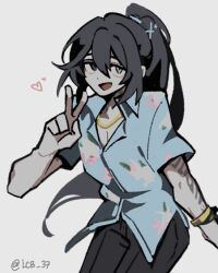  1boy aqua_eyes black_eyes black_hair black_pants blue_shirt bracelet collared_shirt cowboy_shot hand_up hawaiian_shirt heart heterochromia high_ponytail hong_lu_(project_moon) jewelry limbus_company long_hair muu_037 necklace open_mouth pants ponytail project_moon shirt smile solo tingtang_gang_(identity)_(project_moon) v very_long_hair 