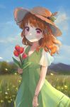  1girl absurdres aikatsu! aikatsu!_(series) blush bug butterfly clouds cloudy_sky day dress eyebrows_visible_through_hair flower grass hair_down hat hat_feather hat_leaf highres holding holding_flower insect mountain nature ogura_(sao_no) oozora_akari orange_hair outdoors petals red_eyes scenery short_sleeves sky smile solo straw_hat tree tulip wind 