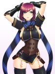  1girl abu armpit_cutout arms_up breasts cowboy_shot green_eyes highres large_breasts leg_tattoo looking_to_the_side nel_zelpher redhead scarf short_hair sideboob skindentation solo standing star_ocean star_ocean_till_the_end_of_time striped striped_scarf tattoo thigh-highs 