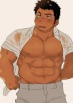  1boy abs bara black_eyes black_hair blush chest highres male_focus muscle navel nipples open_clothes open_shirt original pants pectorals see-through shirt short_hair solo st05254 sweat white_background white_shirt 